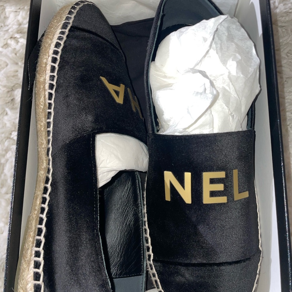 Chanel Black Espadrilles with Gold Logo